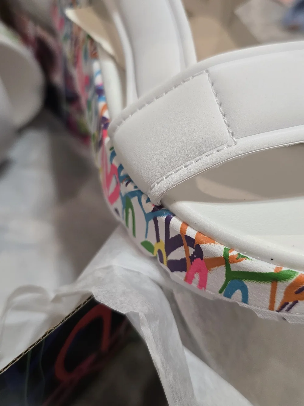 Skechers White Platform Sandals with Colorful Graffiti Trim